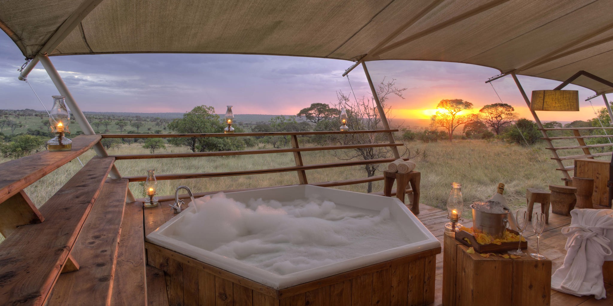 sunset jacuzzi serengeti bushtops game drive tanzania yellow zebra safaris