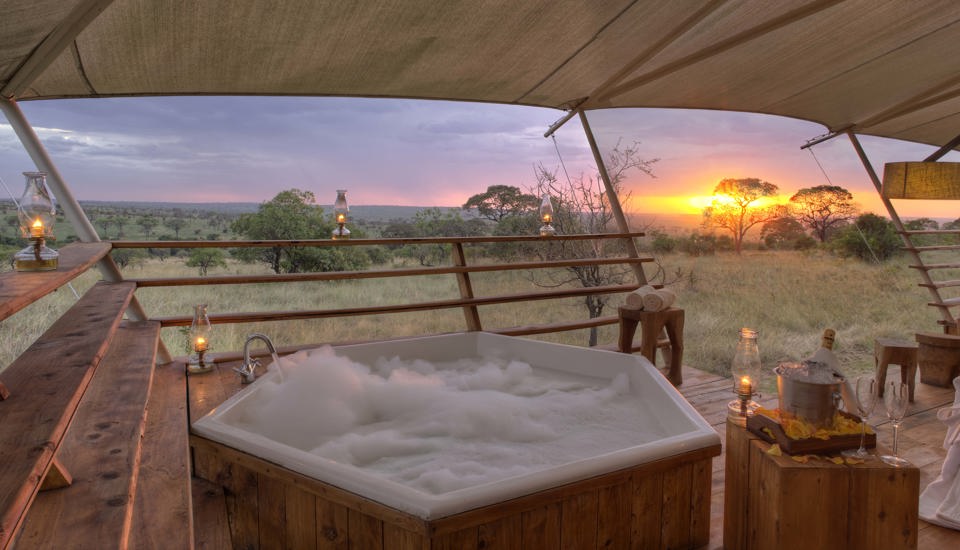 sunset jacuzzi serengeti bushtops game drive tanzania yellow zebra safaris