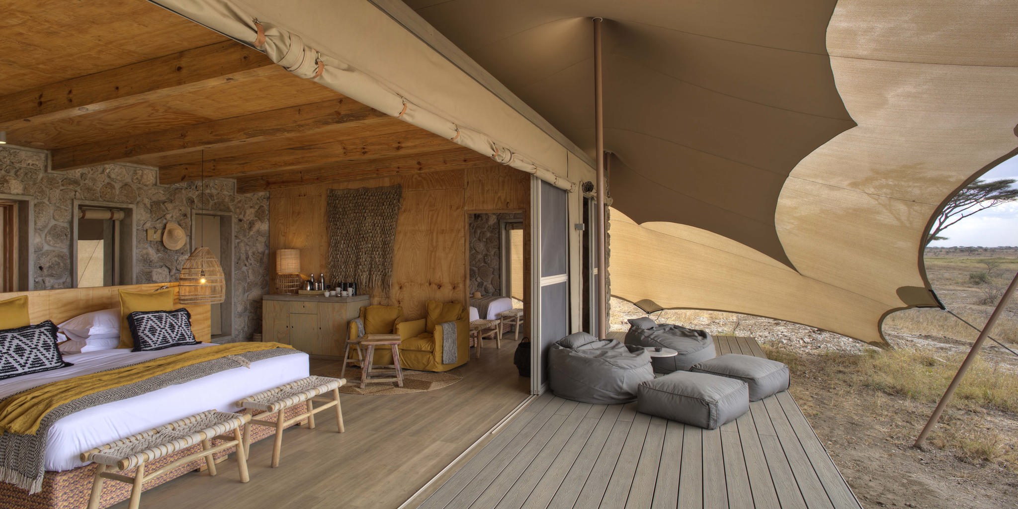 family tent room deck namiri plains tanzania yellow zebra safaris