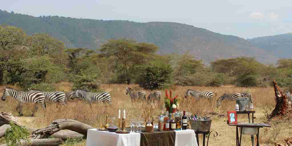 the manor at ngorongor bush dinner tanzania yellow zebra safaris
