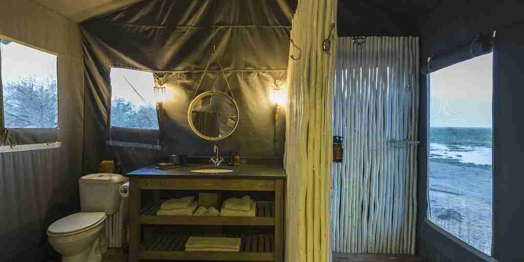 Tented bathroom at Linyanti Tented Camp