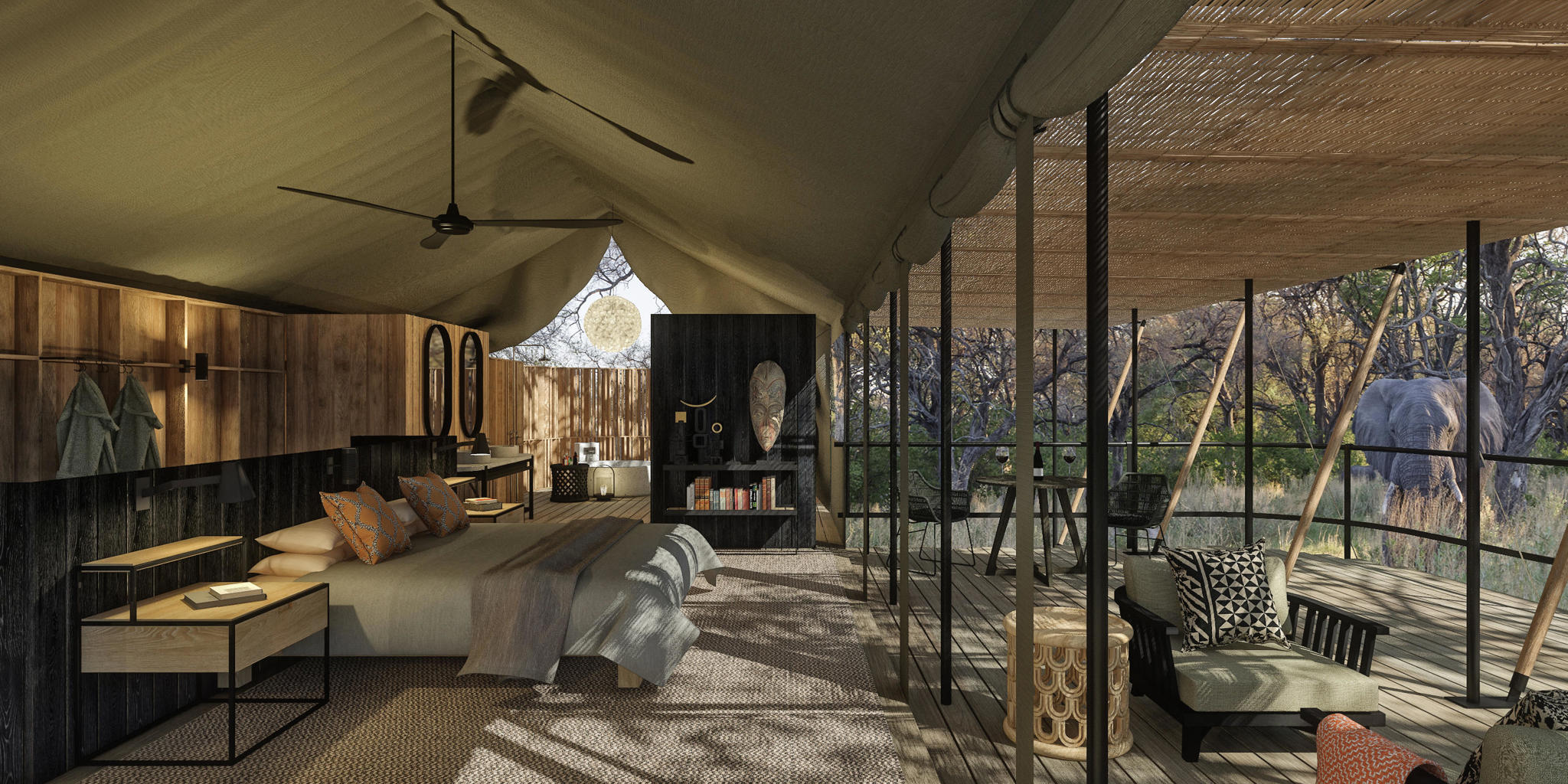 main bedroom, outside deck, kiri camp, okovango delta, botswana