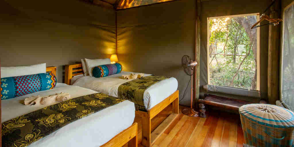 twin room, nxamaseri island lodge, okavango delta, botswana