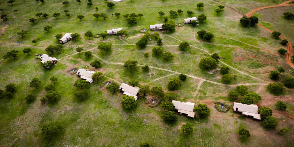 aerial view, singita sabora tented camp, tanzania