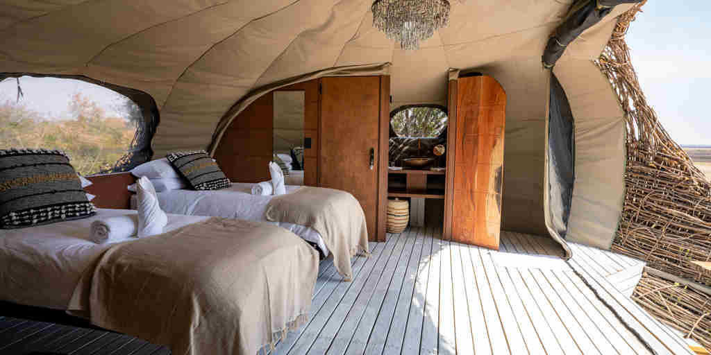 twin beds, chisa busanga camp, kafue national park, zambia