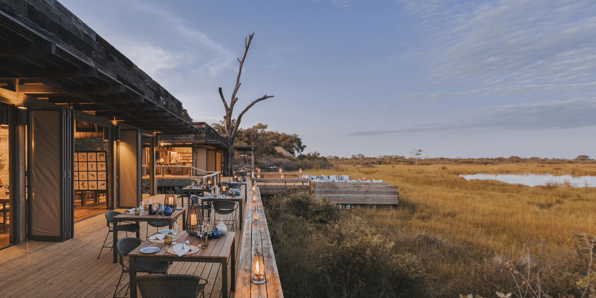 camp exterior, vumbura plains, okavango delta, botswana