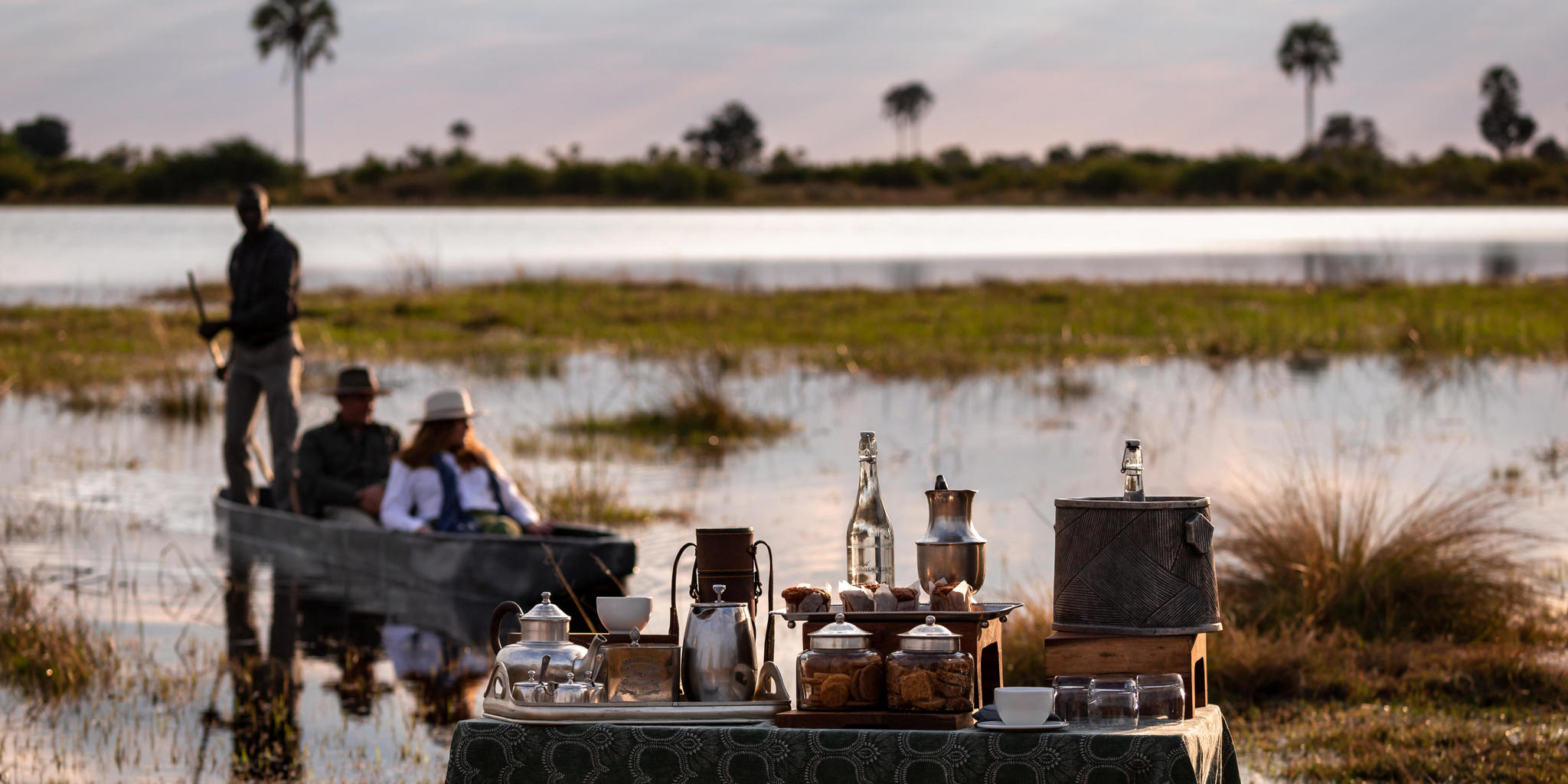 bush breakfast, mokoro, abu camp, okavango delta, botswana