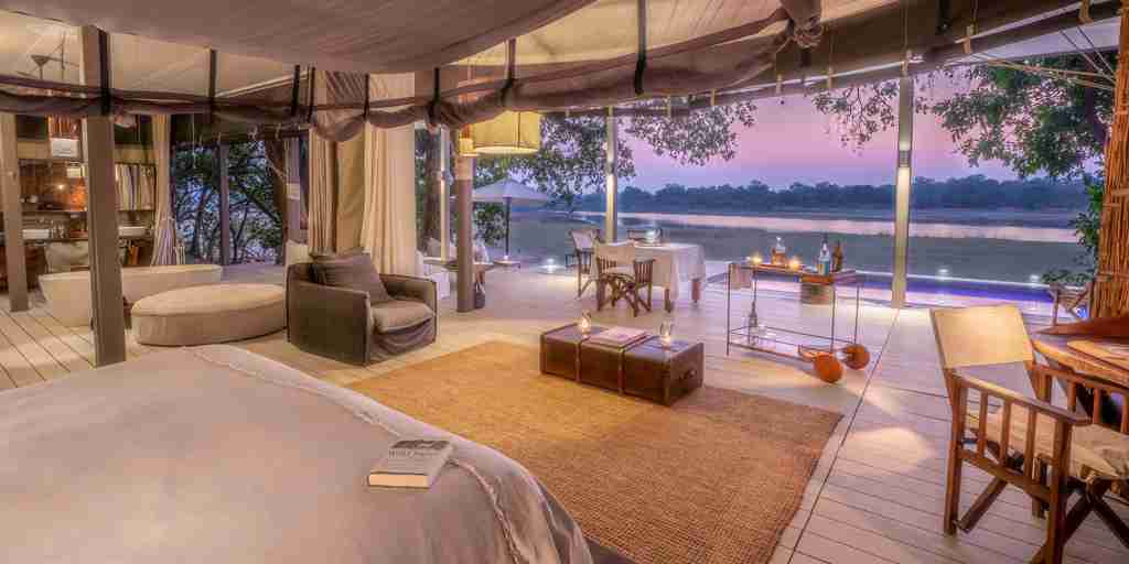 bedroom view,  time and tide chinzombo, south luangwa national park, zambia