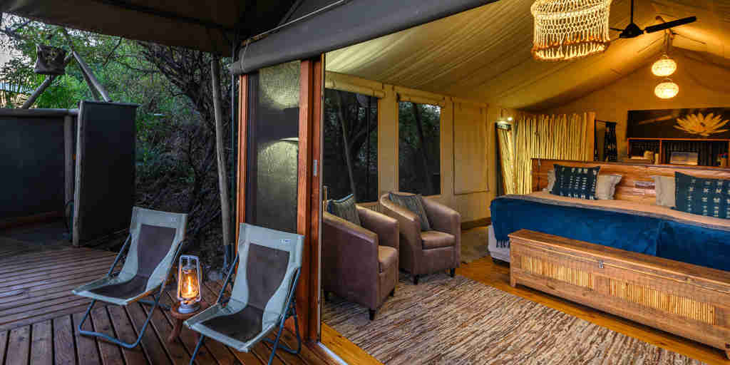 bedroom deck area,  pelo camp, okavango delta, botswana