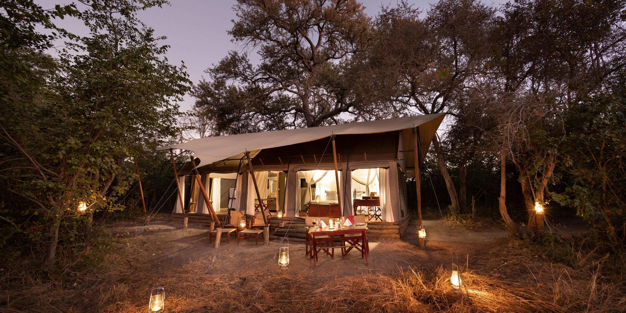 tent exterior, okavango explorers camp, selinda game reserve, botswana