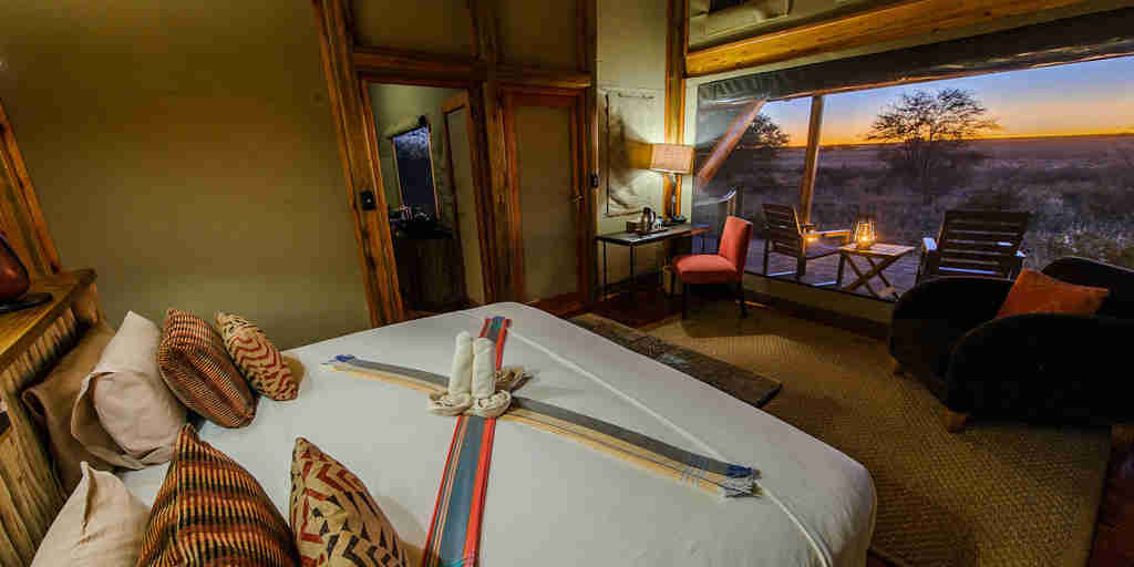 bedroom and decking, wilderness kalahari plains, central kalahari, botswana