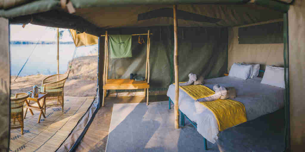 tent interior, kutali camp, lower zambezi national park, zambia