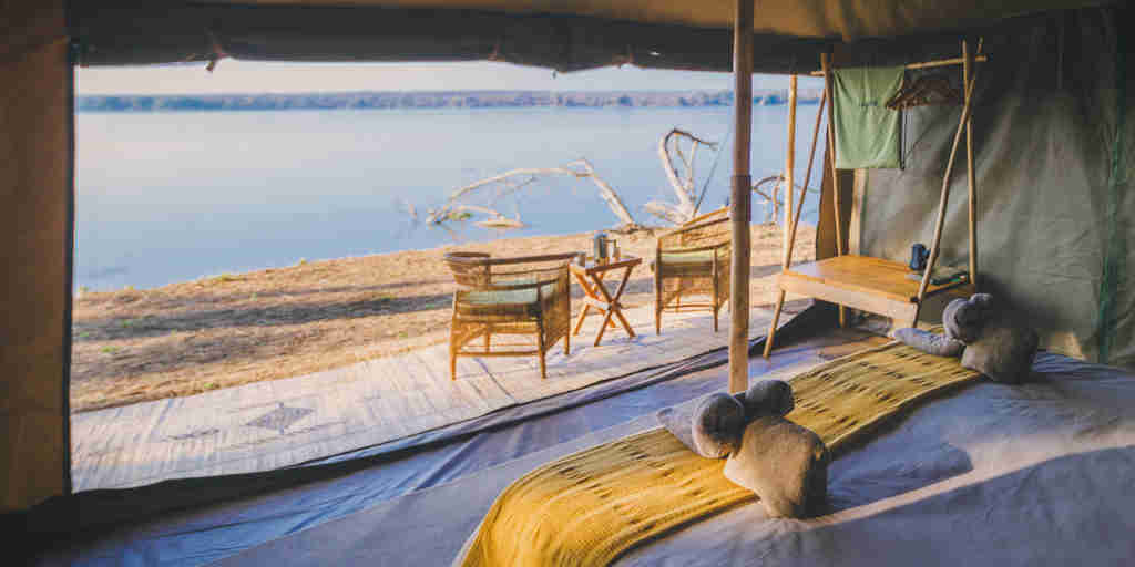 bedroom water view, kutali camp, lower zambezi national park, zambia