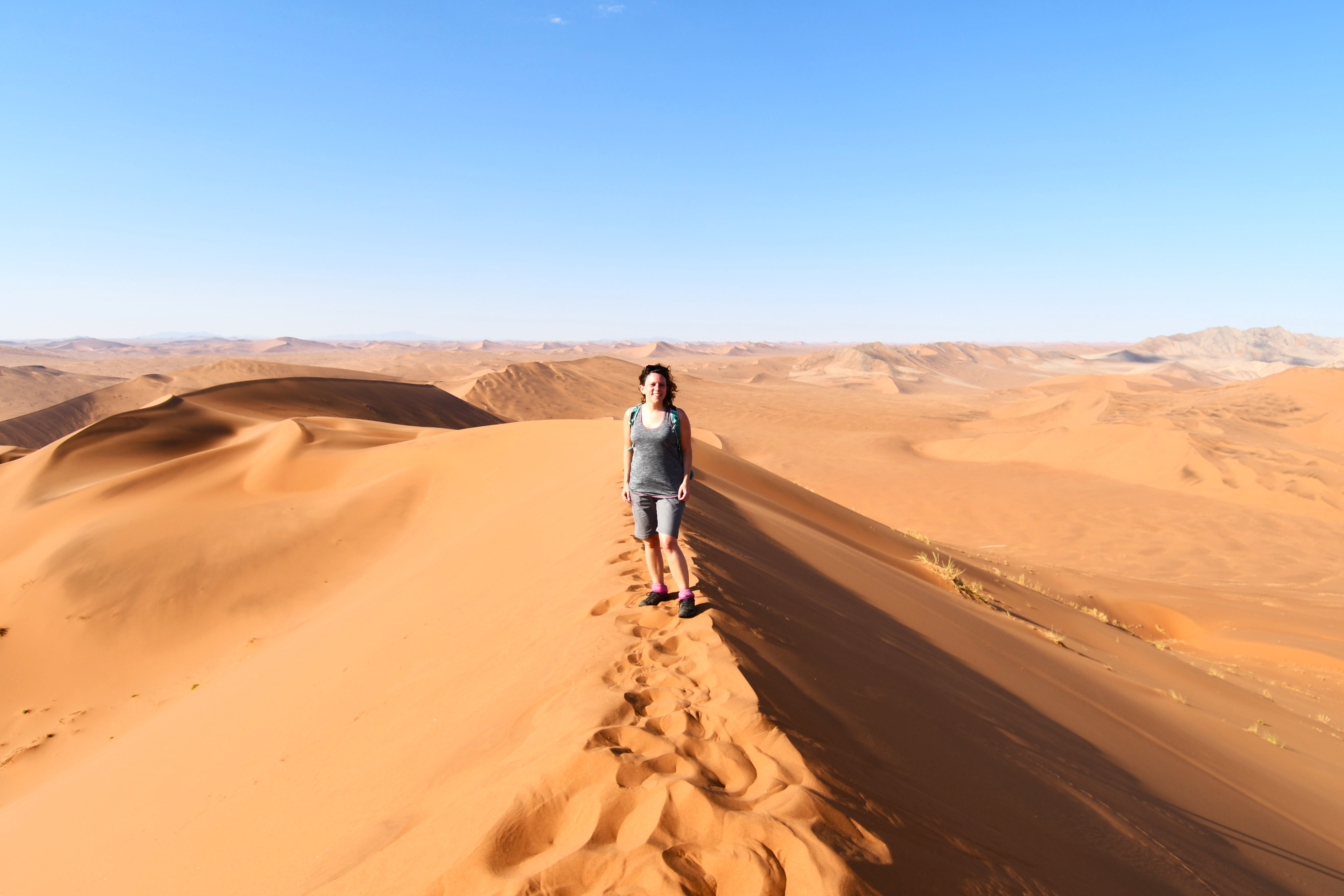 Jo on sand dunes in Nambia, African Desert