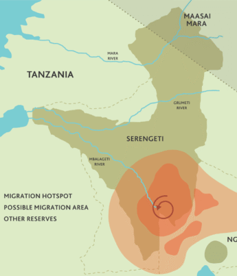 A map of the Serengeti highlights the February wildebeest migration hotspots in red - Yellow Zebra Safaris