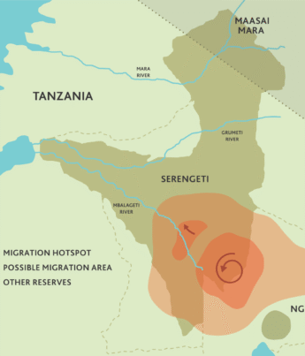 A map of the Serengeti highlights the April wildebeest migration hotspots in red - Yellow Zebra Safaris