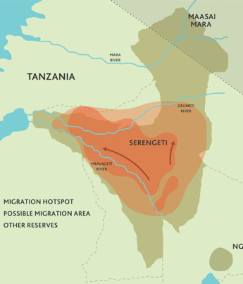 A map of the Serengeti highlights the May wildebeest migration hotspots in red - Yellow Zebra Safaris