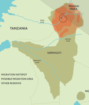 A map of the Serengeti highlights the August wildebeest migration hotspots in red - Yellow Zebra Safaris