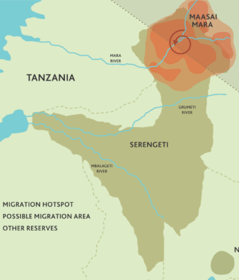 A map of the Serengeti highlights the September wildebeest migration hotspots in red - Yellow Zebra Safaris