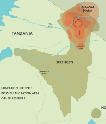 A map of the Serengeti highlights the October wildebeest migration hotspots in red - Yellow Zebra Safaris