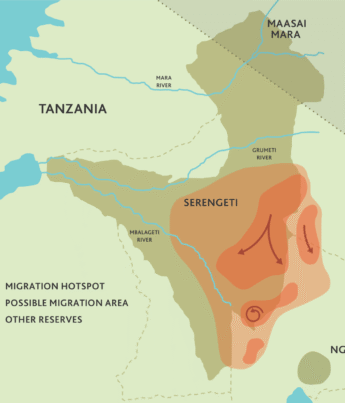 A map of the Serengeti highlights the December wildebeest migration hotspots in red - Yellow Zebra Safaris