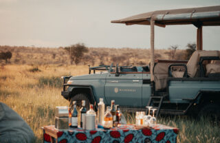 Safari sundowner drinks beside a game vehicle, Serengeti, Tanzania, Yellow Zebra Safaris