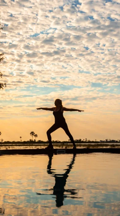 sunset yoga, abu camp, okavango delta, botswana