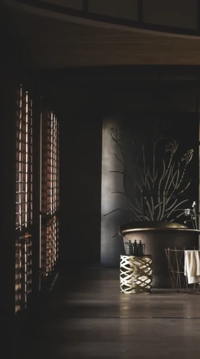 Hallway view down to a freestanding steel bath, Mombo, Moremi Game Reserve, Botswana - Yellow Zebra Safari