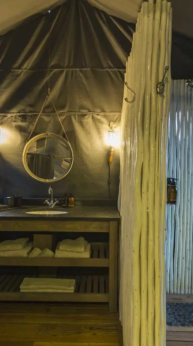Tented bathroom at Linyanti Tented Camp