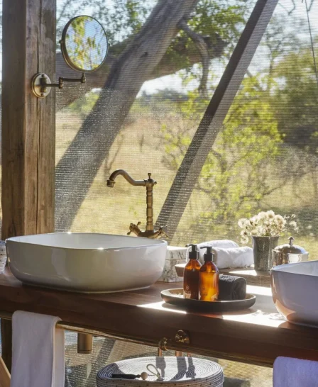 bathroom, tuludi camp, khwai private reserve, botswana