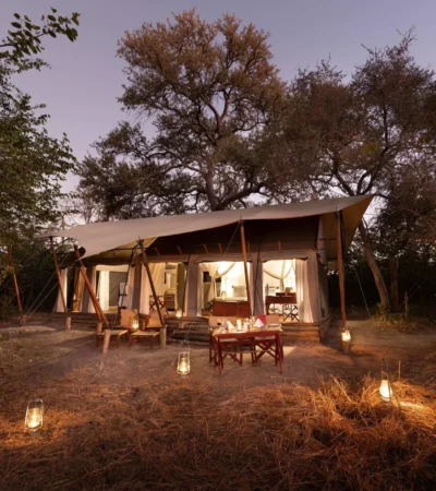 tent exterior, okavango explorers camp, selinda game reserve, botswana