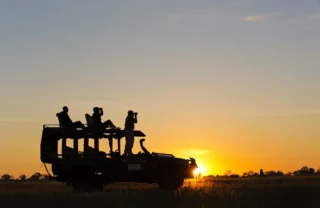 The people are merely profiles in the setting sun as they stand in the safari vehicle, Dukes Camp, Okavango Delta, Botswana - Yellow Zebra Safaris