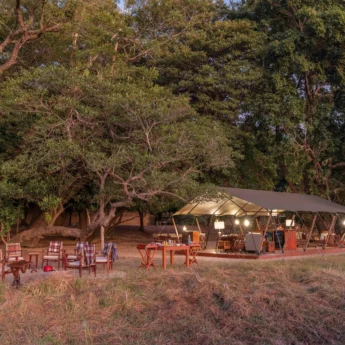 view of main tent, luwi bush camp, south luangwa national park, zambia