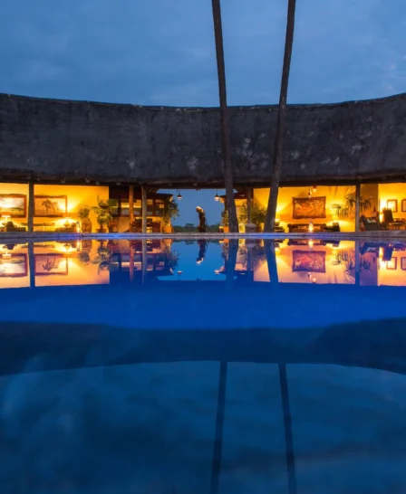 night exterior, ila safari lodge, kafue national park, zambia
