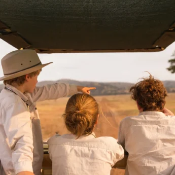Three children stand in a safari truck, Tanzania - Yellow Zebra Safari
