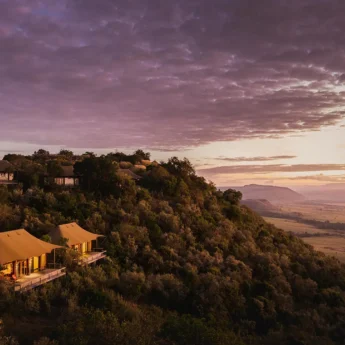 Aerial view of the lodge amidst thick forest at sunset, Angama Mara, Masaai Mara, Kenya - Yellow Zebra Safari