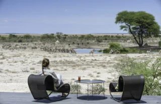 A woman sits in a chair on a deck whilst viewing zebra at a waterhole, Onguma The Fort, Etosha National Park, Tsumeb, Namibia - Yellow Zebra Safari