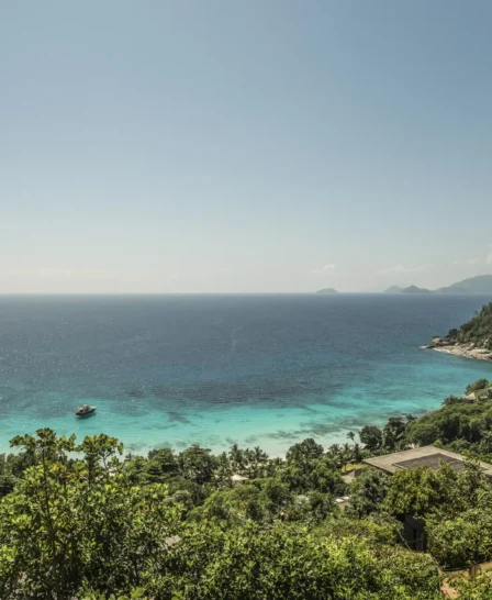 aerial view, four seasons desroches island, seychelles