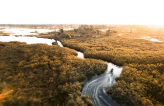 Aerial view of a boat heading upstream on a bendy river, Wilderness Vumbura Plains, Botswana - Yellow Zebra Safaris