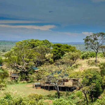 An aerial shot of tented accommodation dotted amongst thick bush, Lemala Kuria Hills, Serengeti, Tanzania - Yellow Zebra Safari
