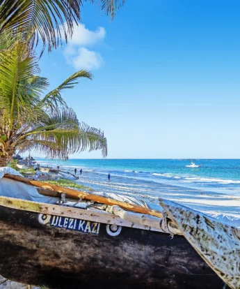 Boat pulled up onto the beach in front of a palm tree, AfroChic Diani Beach, Mombasa, Kenya - Yellow Zebra Safaris
