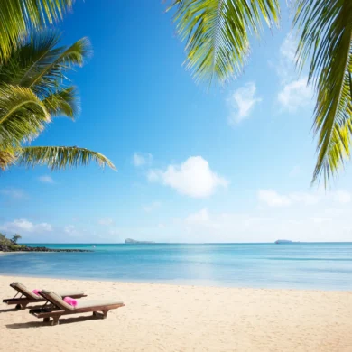 beach sun loungers, mauritius, africa safari destination
