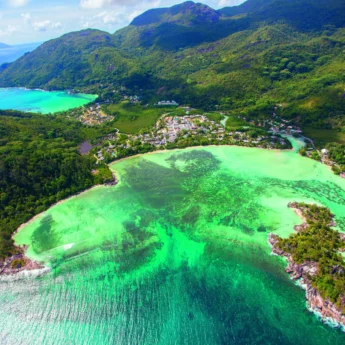 Aerial view of mahe island's bays and forests, Seychelles - Yellow Zebra Safaris