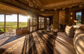 Sun dappled bedroom view which looks out onto the reserve, Mombo, Moremi Game Reserve, Botswana - Yellow Zebra Safari