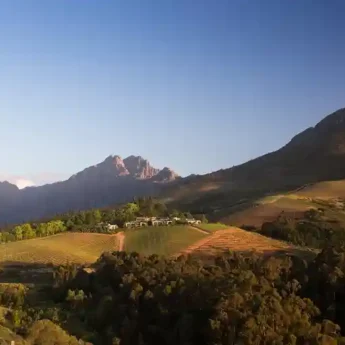 View of the Cape Winelands mountains above vineyards, Delaire Graff Estate, South Africa - Yellow Zebra Safaris