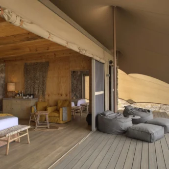 family tent room deck namiri plains tanzania yellow zebra safaris
