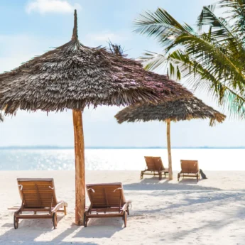Beach loungers beneath a palm cabana looking out onto the ocean, Konokono Beach Resort, Zanzibar Tanzania - Yellow Zebra Safaris