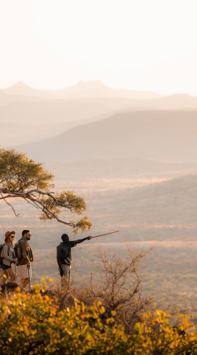 Guests and hide stop under acacia tree on a hike, Damaraland, Namibia - Yellow Zebra Safaris
