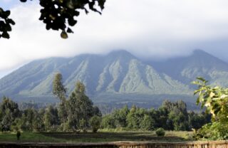 Volcano Sambora sits in the background amidst brooding clouds, Volcanoes National Park, Rwanda - Yellow Zebra Safaris