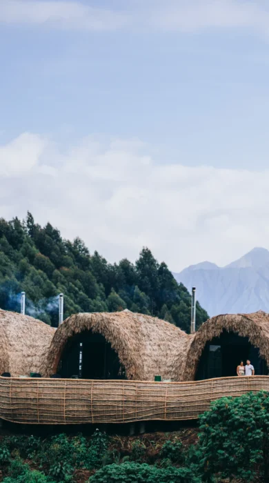 Exterior of the woven accommodation at Bisate Reserve, Volcanoes National Park, Rwanda - Yellow Zebra Safaris